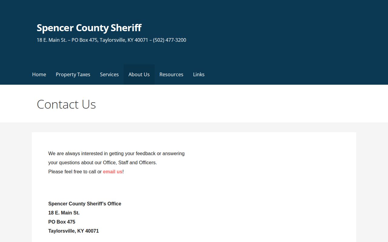 Spencer County Sheriff contact page with office and dispatch information