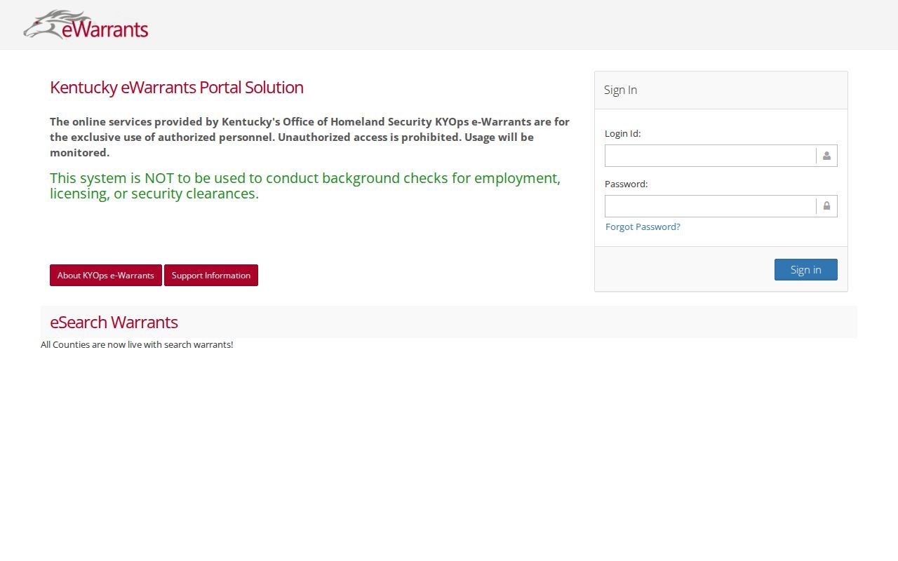 Kentucky eWarrants login and authorized personnel notice