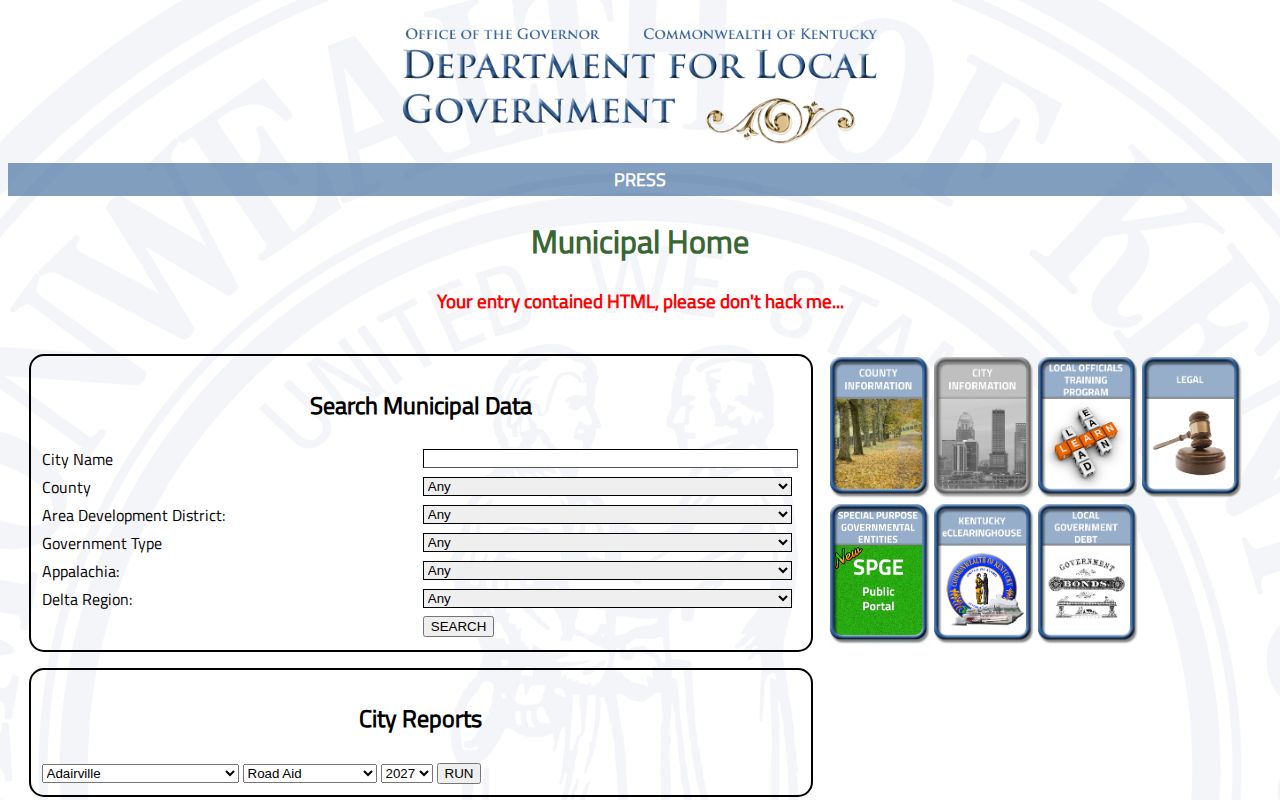 Official Kentucky local-government profile for Taylorsville arrest records contact