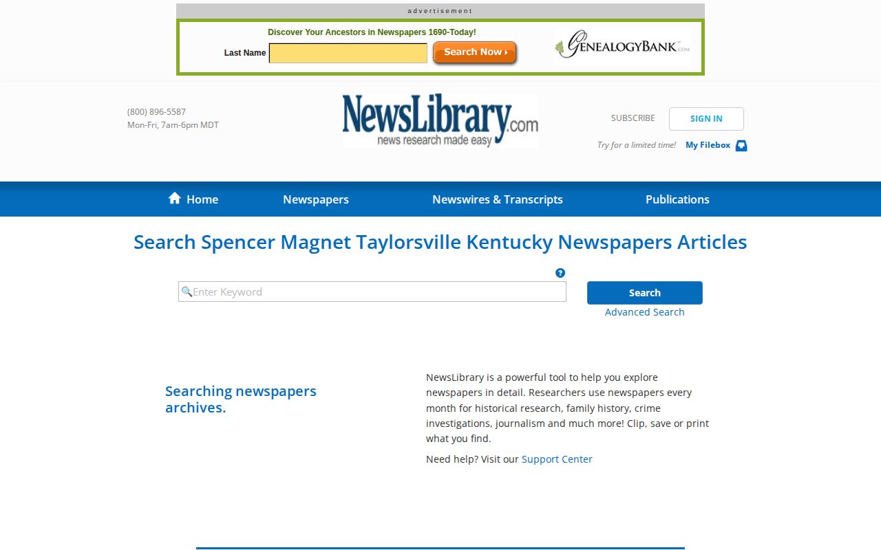 NewsLibrary search page for the Spencer Magnet archive